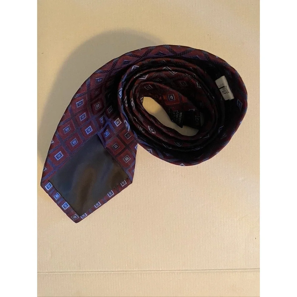 Joseph & Feiss International Silk Tie Burgundy Blue Geometric Diamond Pattern